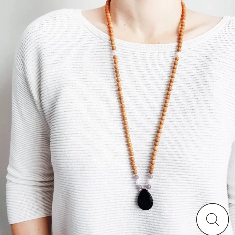 Elegant Mala Sandalwood Jade Beaded Necklace with White Pendant “strong mama” - Picture 1 of 5